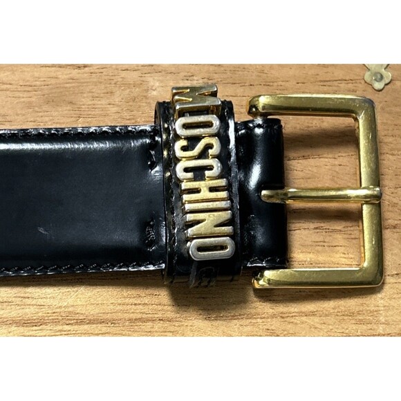 Vintage Moschino Redwall Black Leather‎ Logo Belt Gold Buckle Made in Italy 42 - Picture 4 of 7